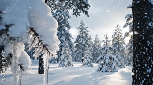 Wallpaper Mural A breathtaking winter wonderland scene captures the serene beauty of a snow-covered forest. Heavy, pristine snow blankets the branches of evergreen pine trees, with delicate icicles hanging and sparkl Torontodigital.ca