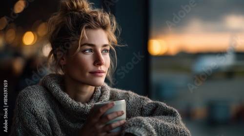 Contemplating the sunset over a bustling airport while sipping warm coffee in a cozy sweater