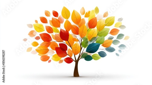 A colorful tree illustration with leaves in autumn shades of red, orange, yellow, green, and blue, symbolizing seasonal change and diversity.
