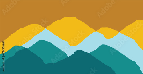 A serene landscape unfolds with layers of overlapping mountains in shades of teal, blue, and yellow, set against a warm golden sky, creating a peaceful and minimalist vista
