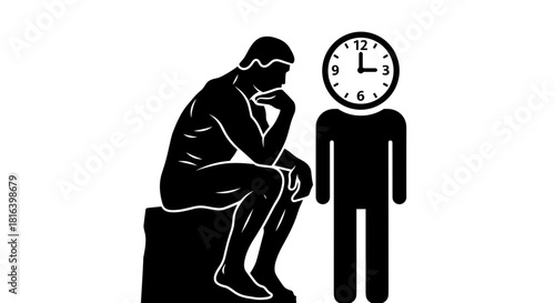 Classic thinker statue and clock-headed person