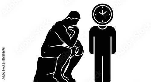 Thinker statue and clock-faced figure silhouette