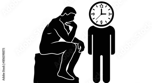 Thinker statue with clock-headed person illustration