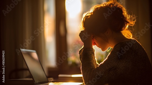 Fototapeta Naklejka Na Ścianę i Meble -  Silhouette of a stressed and tired woman working on a laptop at sunset.