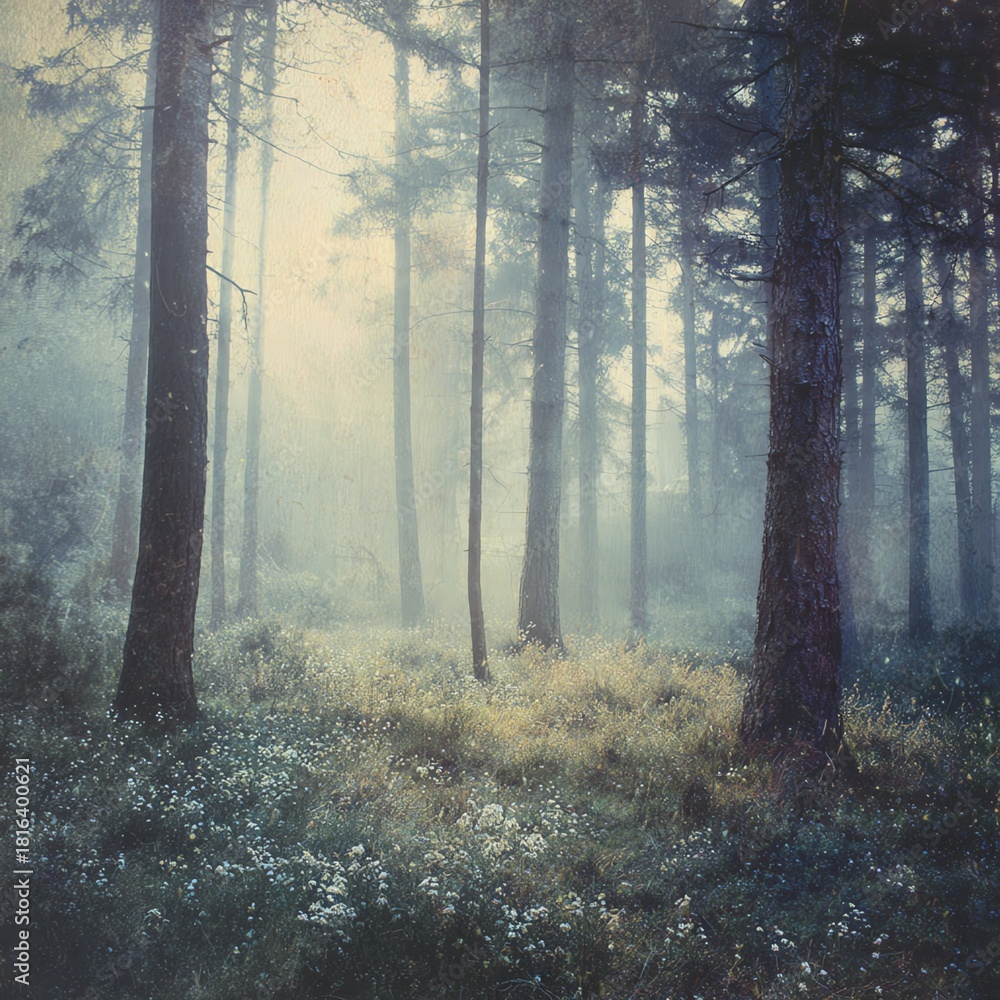Naklejka premium A serene forest clearing bathed in soft, dreamy hues, creating a peaceful and tranquil atmosphere for relaxation and reflection.