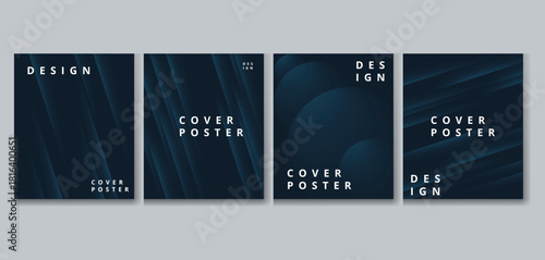 Set of four dark blue abstract cover designs with geometric shapes and typography, perfect for modern posters, brochures, or social media templates, conveying a sense of sophistication and style