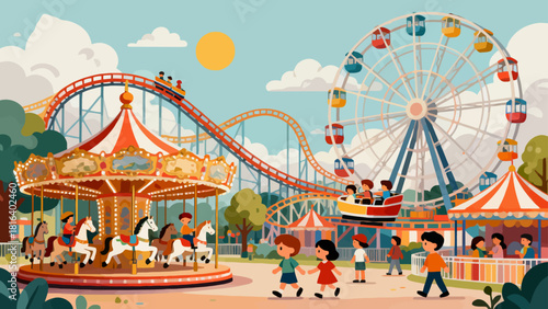 A colorful amusement park illustration features a carousel, Ferris wheel, and roller coaster, with people enjoying various attractions, creating a cheerful and nostalgic scene.