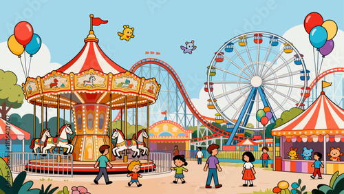 A colorful amusement park illustration features a carousel, Ferris wheel, and roller coaster, with people enjoying various attractions, creating a cheerful and nostalgic scene.