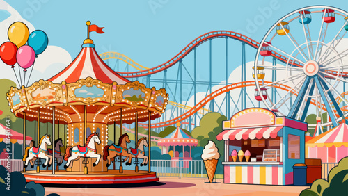 A colorful amusement park illustration features a carousel, Ferris wheel, and roller coaster, with people enjoying various attractions, creating a cheerful and nostalgic scene.