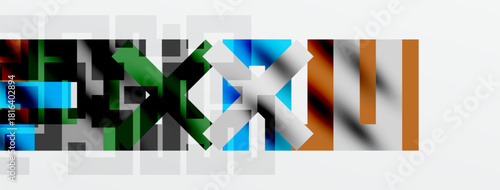 Abstract geometric shapes, vibrant colors, modern design. Composition features overlapping squares, rectangles, triangles. Minimalist aesthetic, clean lines.