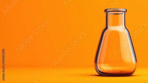 A detailed studio shot of a clear glass laboratory flask filled with a transparent orange liquid, set against a vibrant, seamless orange backdrop.