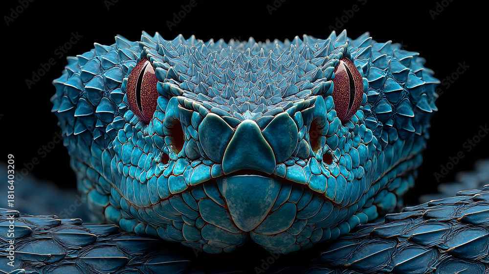 Naklejka premium Azure serpent with crimson eyes and textured scales blue snake viper
