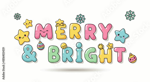 Merry and Bright Holiday Kawaii Style Illustration