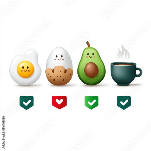 Cute cartoon breakfast items: fried egg, boiled egg, avocado, and steaming coffee cup with check and heart marks beneath them.