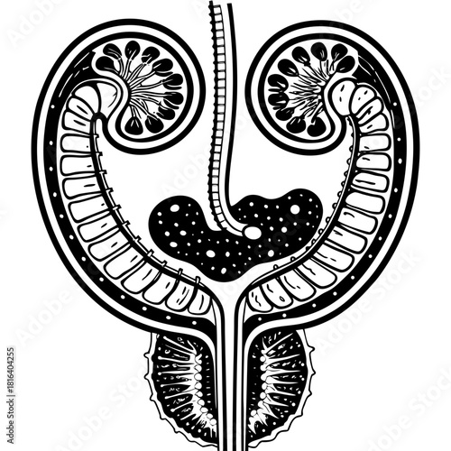 Stylized black and white illustration of human reproductive system
