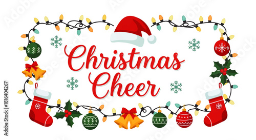 Christmas Cheer Holiday Frame with Ornaments and Lights