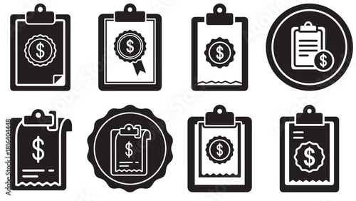 Clipboard receipt dollar seal _ verified payment checklist icon for expense approval, billing and financial compliance