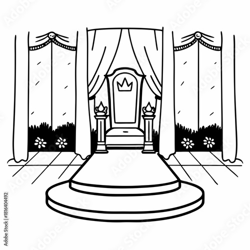 Simple line drawing of a royal throne with crown and curtains