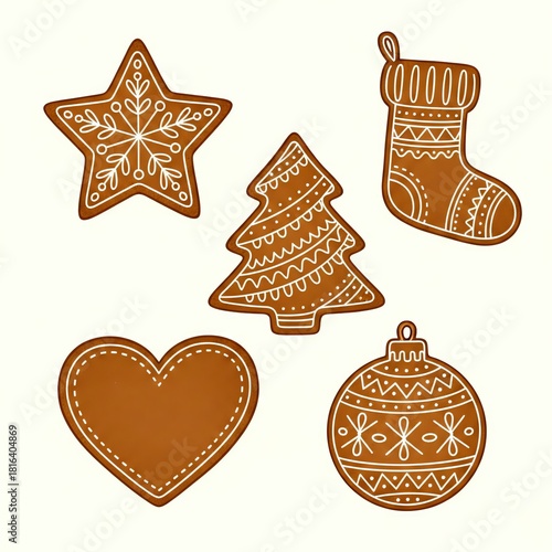 Intricate Gingerbread Christmas Cookie Vector Set: Star, Tree, Stocking, Heart & Ornament Holiday Illustrations.