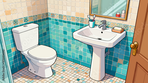 A colorful bathroom illustration features a sink, toilet, and shower, organized with toiletries and towels, creating a stylish and functional home space.