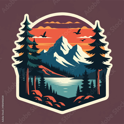 Vintage logo badge of mountain pine tree forest and lake river. Rustic retro old emblem editable vector illustration