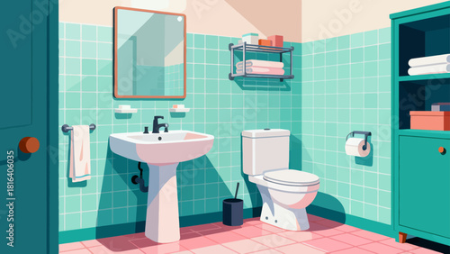 A colorful bathroom illustration features a sink, toilet, and shower, organized with toiletries and towels, creating a stylish and functional home space.