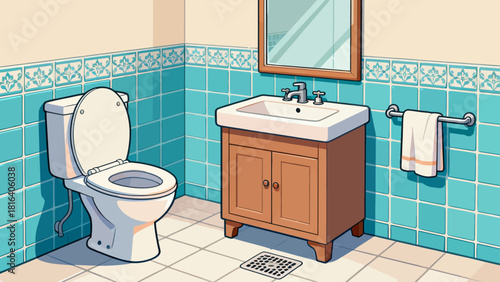A colorful bathroom illustration features a sink, toilet, and shower, organized with toiletries and towels, creating a stylish and functional home space.