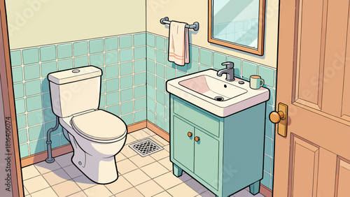 A colorful bathroom illustration features a sink, toilet, and shower, organized with toiletries and towels, creating a stylish and functional home space.