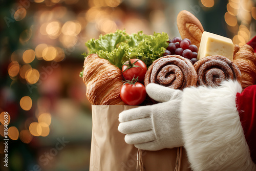 Santa gloved hands hold a festive paper grocery bag filled with croissants, cinnamon rolls, tomatoes, lettuce, grapes, bread, and cheese against warm holiday bokeh lights