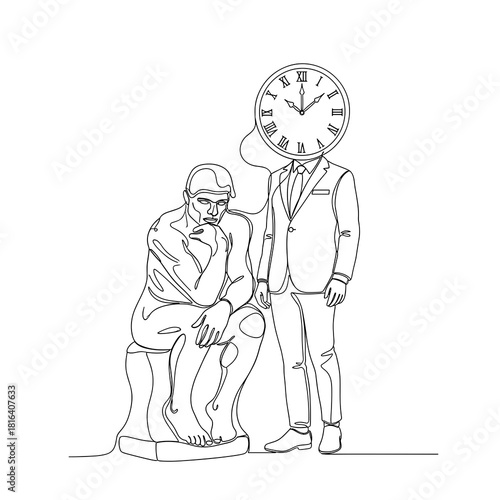 Line art of thinker beside clock-headed business person