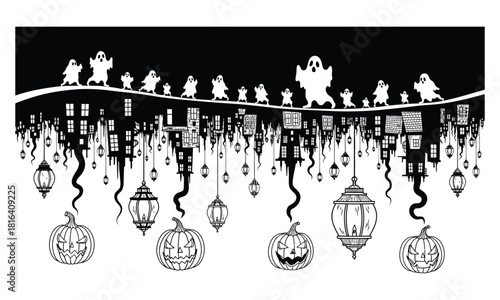 Spooky black and white illustration of ghostly figures floating above an inverted city skyline with hanging jackolanterns and lanterns, perfect for a mysterious halloween theme