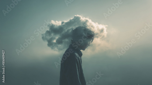 Minimal silhouette with soft cloud around head symbolizing overthinking and introspection. Silhouette of person with soft floating cloud surrounding the head. Gentle haze, minimalist emotional metapho