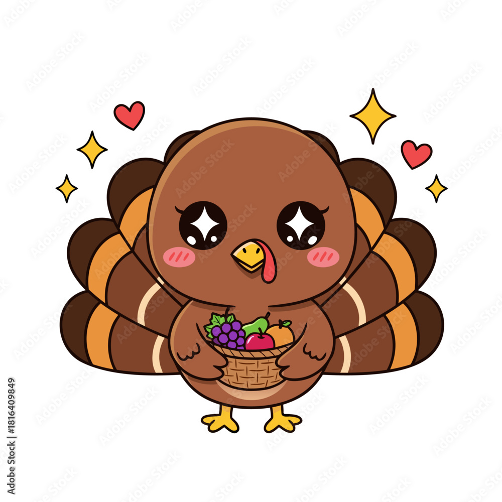 Obraz premium Adorable cartoon turkey illustration celebrating the autumn harvest season with a basket of fresh produce