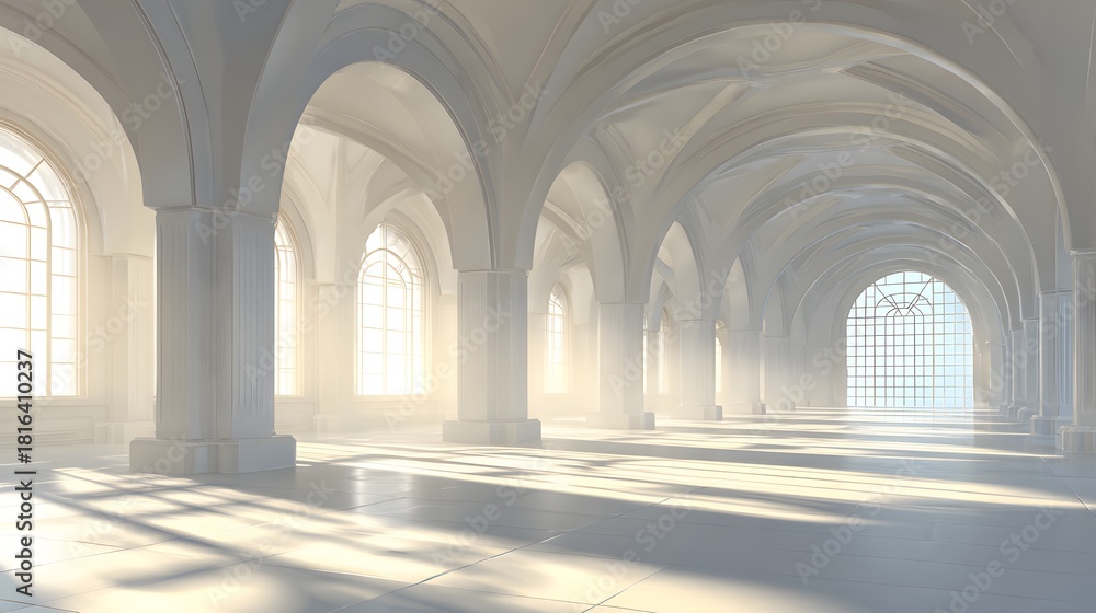 Fototapeta premium Sunlight streams through arched windows in a vast empty hall.