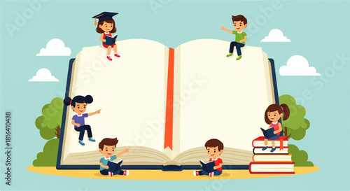 Children Reading on Giant Book Illustration