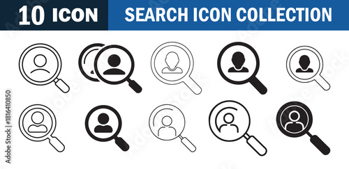 Search icon collection. Magnifying glass with human profile symbols in various styles