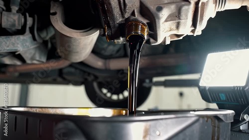 Professional mechanic draining old dirty engine oil from car into container at auto service