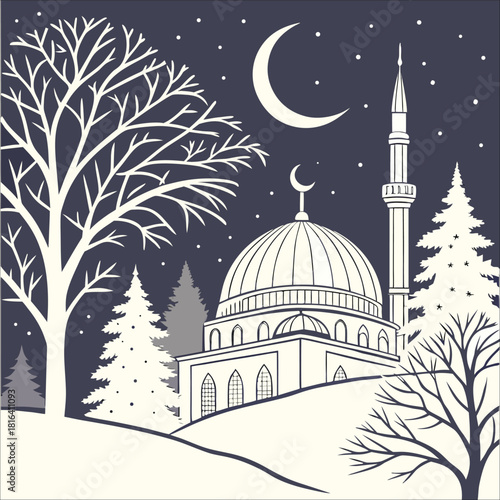 Peaceful Winter Night Landscape Featuring a Mosque