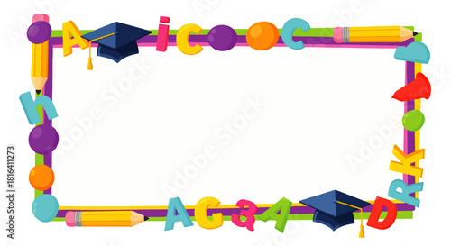 Colorful Cartoon Frame with School Supplies and Transparent Background