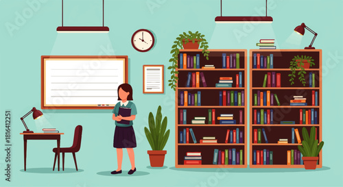 Library Interior Illustration with Student and Bookshelves