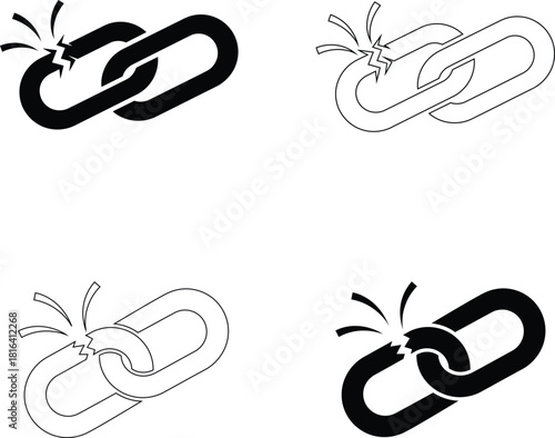Broken Chain Link Vector Icons: Unlinked, Disconnect, Weakness Silhouette. Security Failure, SEO & 404 Error Pictogram