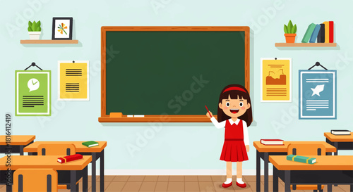 Cartoon Classroom with Girl Pointing to Chalkboard