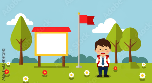 Cheerful Schoolboy Landscape with Red Flag, Trees and Blank Board