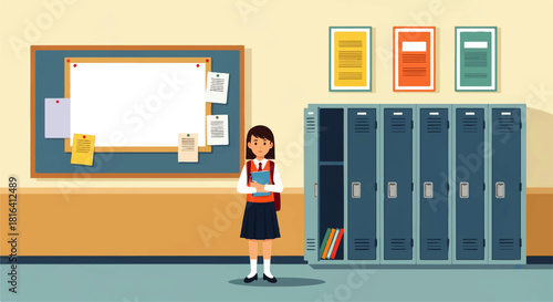 Schoolgirl in School Hallway with Lockers and Bulletin Board