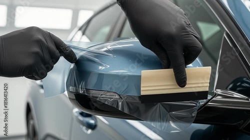 Professional detailing worker applying protective film on blue car mirror using a squeegee tool