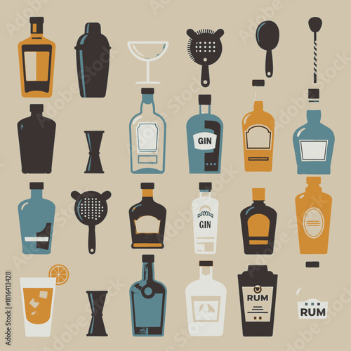 A flat design illustration showcasing various bar tools and liquor bottles for cocktail making.
