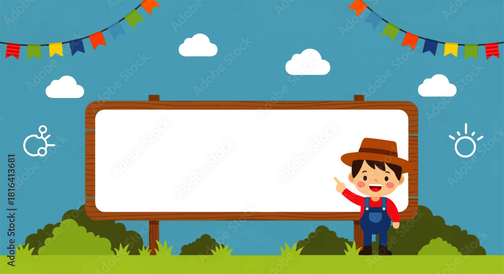 Fototapeta premium Cartoon Farmer Presentation Graphic with Blank Sign and Transparent Background