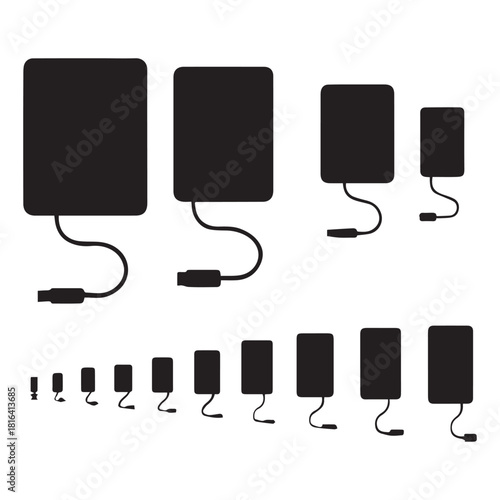 Minimalist black silhouettes of portable chargers and cables in twenty scalable configurations for design use