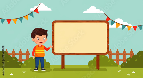Boy next to wooden signboard in a field illustration