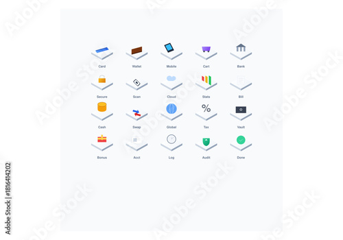 Set of isometric icons representing online transactions, banking, finance, and digital payment methods including wallet, card, mobile, and security symbols